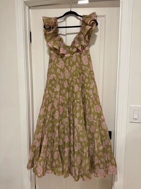 Zimmermann Olive Green Dress with Pink Floral Print